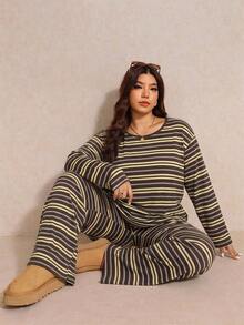 Elaquor Plus Size Color Block Striped Pattern Round Neck Long Sleeve Top And Pants 2 Pieces Set (Casual And Formal Style), Suitable For Autumn Vacation Women's Casual Loungewear - Brown - View 7