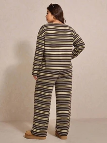 Elaquor Plus Size Color Block Striped Pattern Round Neck Long Sleeve Top And Pants 2 Pieces Set (Casual And Formal Style), Suitable For Autumn Vacation Women's Casual Loungewear - Brown - View 2