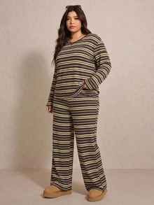 Elaquor Plus Size Color Block Striped Pattern Round Neck Long Sleeve Top And Pants 2 Pieces Set (Casual And Formal Style), Suitable For Autumn Vacation Women's Casual Loungewear - Brown - View 3