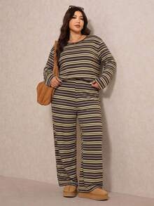 Elaquor Plus Size Color Block Striped Pattern Round Neck Long Sleeve Top And Pants 2 Pieces Set (Casual And Formal Style), Suitable For Autumn Vacation Women's Casual Loungewear - Brown - View 4