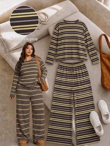 Elaquor Plus Size Color Block Striped Pattern Round Neck Long Sleeve Top And Pants 2 Pieces Set (Casual And Formal Style), Suitable For Autumn Vacation Women's Casual Loungewear - Brown - View 8