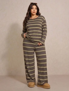 Elaquor Plus Size Color Block Striped Pattern Round Neck Long Sleeve Top And Pants 2 Pieces Set (Casual And Formal Style), Suitable For Autumn Vacation Women's Casual Loungewear - Brown - View 5