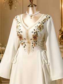 Rometta Plus Size Bohemian Celestial Embroidered Dress, V-Neck, Flared Sleeves, Side Tie Waist, Modest Muslim Wedding Formal White And Green Autumn - Apricot - View 1