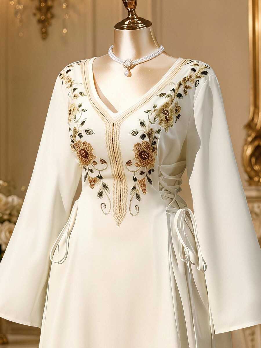 Rometta Plus Size Bohemian Celestial Embroidered Dress, V-Neck, Flared Sleeves, Side Tie Waist, Modest Muslim Wedding Formal White And Green Autumn - Apricot - View 1