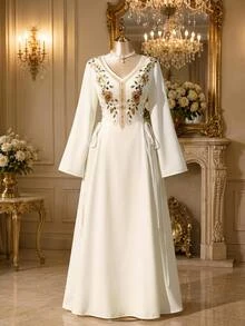 Rometta Plus Size Bohemian Celestial Embroidered Dress, V-Neck, Flared Sleeves, Side Tie Waist, Modest Muslim Wedding Formal White And Green Autumn - Apricot - View 7