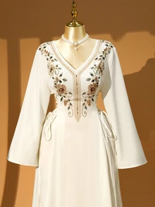 Rometta Plus Size Bohemian Celestial Embroidered Dress, V-Neck, Flared Sleeves, Side Tie Waist, Modest Muslim Wedding Formal White And Green Autumn - Apricot - View 3