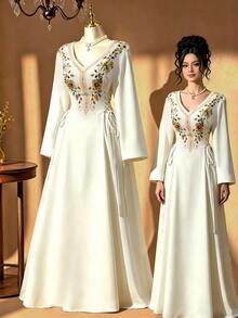 Rometta Plus Size Bohemian Celestial Embroidered Dress, V-Neck, Flared Sleeves, Side Tie Waist, Modest Muslim Wedding Formal White And Green Autumn - Apricot - View 9