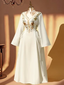 Rometta Plus Size Bohemian Celestial Embroidered Dress, V-Neck, Flared Sleeves, Side Tie Waist, Modest Muslim Wedding Formal White And Green Autumn - Apricot - View 8