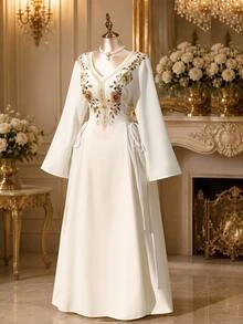 Rometta Plus Size Bohemian Celestial Embroidered Dress, V-Neck, Flared Sleeves, Side Tie Waist, Modest Muslim Wedding Formal White And Green Autumn - Apricot - View 12