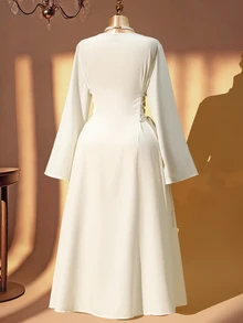 Rometta Plus Size Bohemian Celestial Embroidered Dress, V-Neck, Flared Sleeves, Side Tie Waist, Modest Muslim Wedding Formal White And Green Autumn - Apricot - View 2