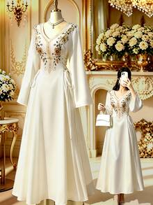 Rometta Plus Size Bohemian Celestial Embroidered Dress, V-Neck, Flared Sleeves, Side Tie Waist, Modest Muslim Wedding Formal White And Green Autumn - Apricot - View 10