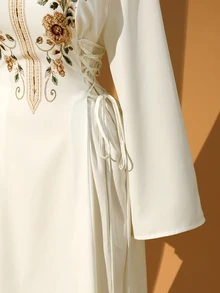 Rometta Plus Size Bohemian Celestial Embroidered Dress, V-Neck, Flared Sleeves, Side Tie Waist, Modest Muslim Wedding Formal White And Green Autumn - Apricot - View 4