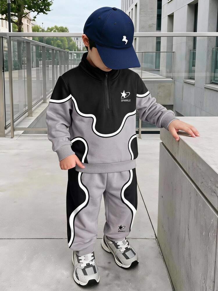 2pcs Young Boys Sweatshirt Set White Colorblock Wavy Star Long Sleeve 1/4 Zip Loose Back To School Autumn Vintage Versatile Birthday Ring Bearer - Multicolor - View 1