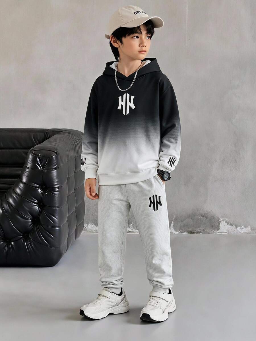 2pcs Tween Boys Hoodie & Sweatpants Set Streetwear Black Grey Gradient Letter Graphic Long Sleeve Hooded Fall Back To School Autumn Winter - Multicolor - View 1
