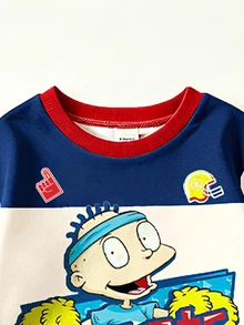 Nick 90s | SHEIN 2件組男嬰運動衫套裝，復古賽車米色拼色圖案長袖寬鬆圓領秋季穿搭，適合上學、度假、生日 - 杏色 - 查看 4