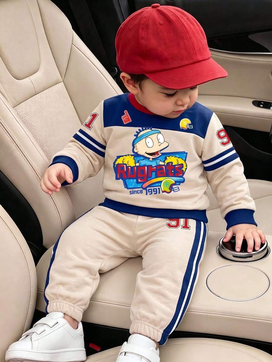 Nick 90s | SHEIN 2件組男嬰運動衫套裝,復古賽車米色拼色圖案長袖寬鬆圓領秋季穿搭,適合上學、度假、生日 - 杏色 - 查看 1