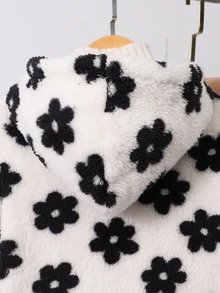 SHEIN Elladie kids 青少年女孩可愛冬季提花抓絨外套，休閒長袖連帽毛茸茸羊羔絨開襟鈕扣夾克，保暖加厚毛絨外穿上衣 - 白色 - 查看 14