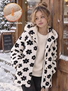 SHEIN Elladie kids 青少年女孩可愛冬季提花抓絨外套，休閒長袖連帽毛茸茸羊羔絨開襟鈕扣夾克，保暖加厚毛絨外穿上衣 - 白色 - 查看 4