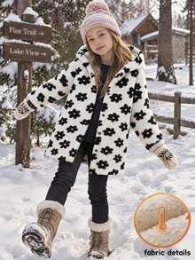 SHEIN Elladie kids 青少年女孩可愛冬季提花抓絨外套，休閒長袖連帽毛茸茸羊羔絨開襟鈕扣夾克，保暖加厚毛絨外穿上衣 - 白色 - 查看 6