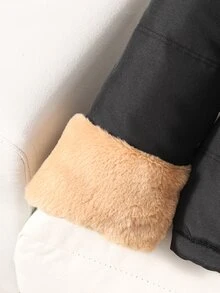 SHEIN 青少年女孩冬季羽絨外套 人造毛領連帽大衣 加厚保暖 重磅附腰帶 毛絨袖口 中長版派克大衣 雪地休閒外套 - 黑色 - 查看 6