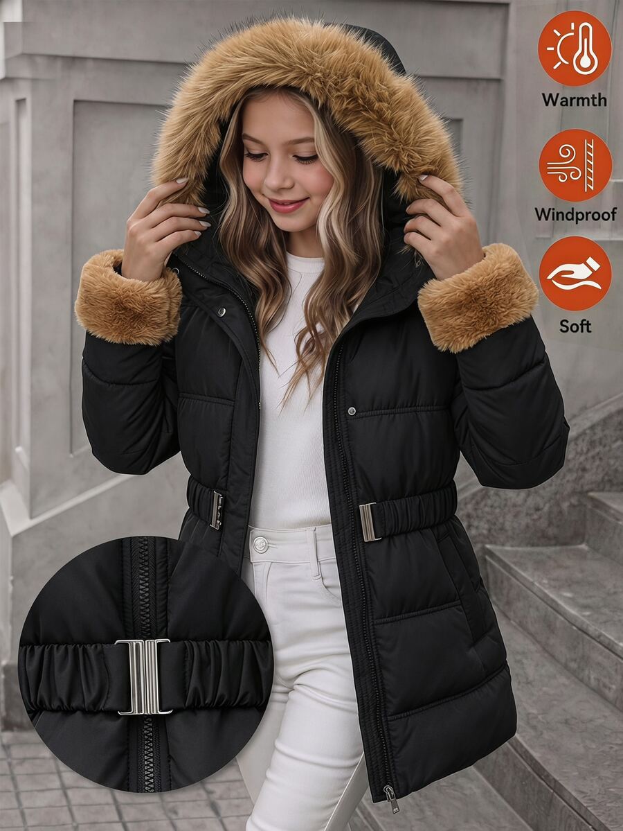 SHEIN 青少年女孩冬季羽絨外套 人造毛領連帽大衣 加厚保暖 重磅附腰帶 毛絨袖口 中長版派克大衣 雪地休閒外套 - 黑色 - 查看 1