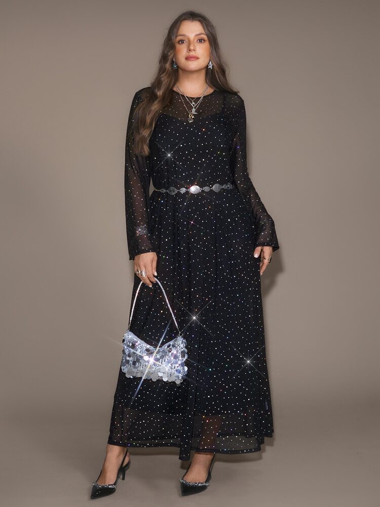 Freevana Plus Size Women's Party Cocktail Formal Evening Mesh Rhinestone Long Sleeve Round Neck Dress Set Black And White Autumn Elegant - Black - View 9
