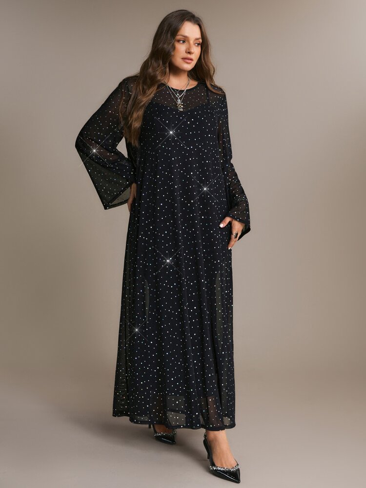Freevana Plus Size Women's Party Cocktail Formal Evening Mesh Rhinestone Long Sleeve Round Neck Dress Set Black And White Autumn Elegant - Black - View 4