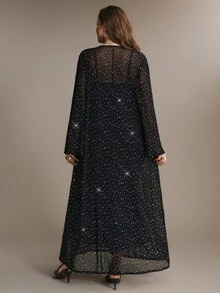 Freevana 大尺碼女款派對雞尾酒正式晚宴套裝，網紗鑲鑽長袖圓領洋裝，黑白配色，秋季優雅風 - 黑色 - 查看 2