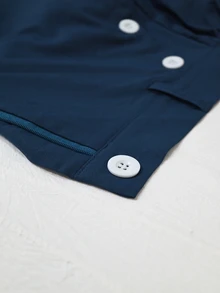 Offisola French Commuter Style White V-Neck Lantern Sleeve Top + Navy Blue High-Waist Double-Breasted Flared Pants Set - White - View 9