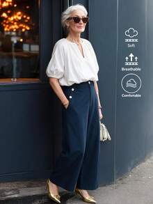 Offisola French Commuter Style White V-Neck Lantern Sleeve Top + Navy Blue High-Waist Double-Breasted Flared Pants Set - White - View 7