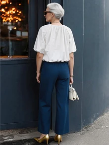 Offisola French Commuter Style White V-Neck Lantern Sleeve Top + Navy Blue High-Waist Double-Breasted Flared Pants Set - White - View 2