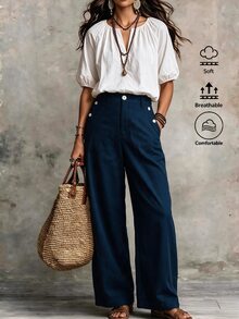 Offisola French Commuter Style White V-Neck Lantern Sleeve Top + Navy Blue High-Waist Double-Breasted Flared Pants Set - White - View 3