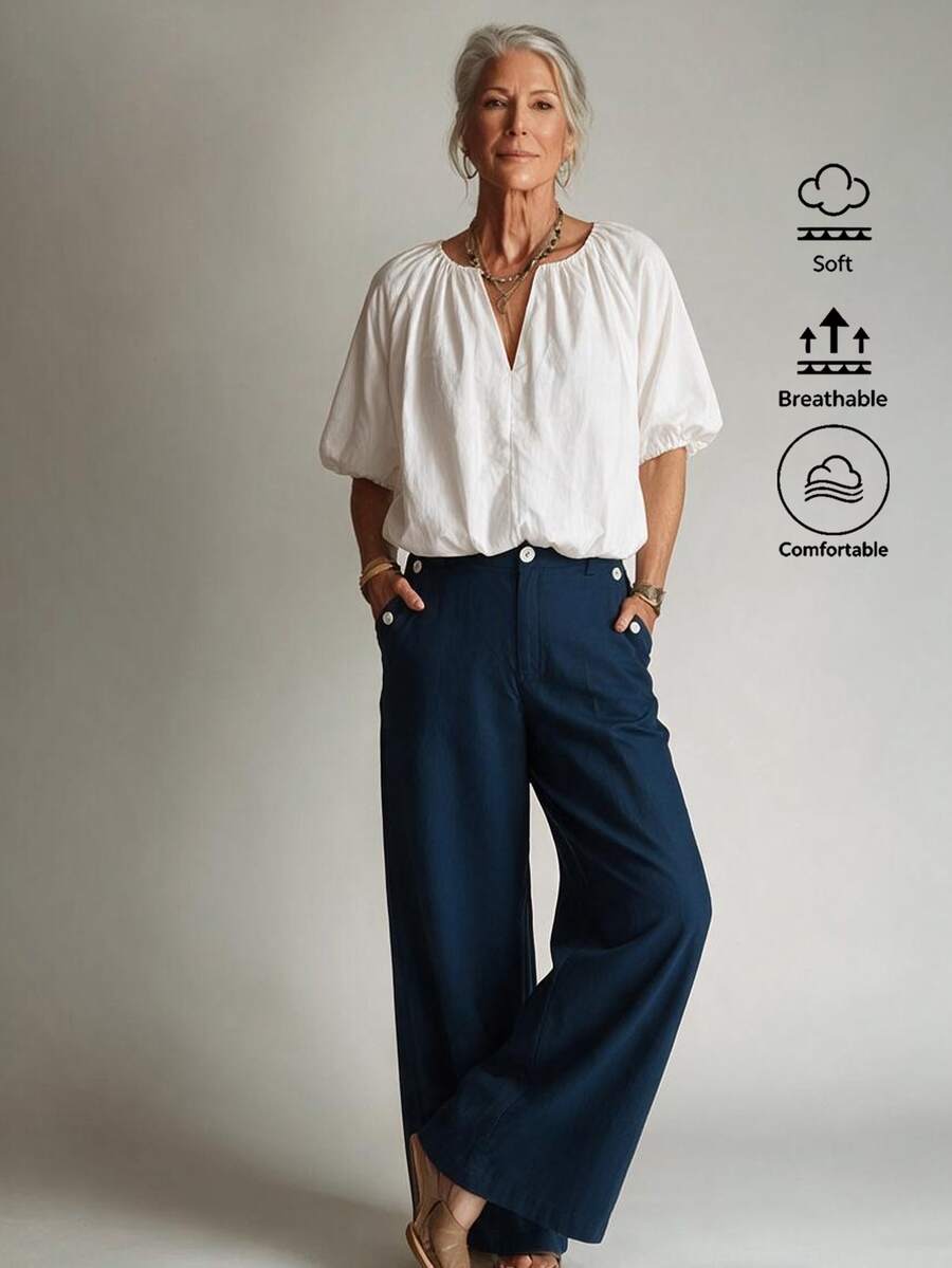 Offisola French Commuter Style White V-Neck Lantern Sleeve Top + Navy Blue High-Waist Double-Breasted Flared Pants Set - White - View 1