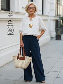 Offisola French Commuter Style White V-Neck Lantern Sleeve Top + Navy Blue High-Waist Double-Breasted Flared Pants Set - White - View 4