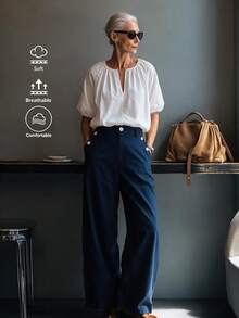 Offisola French Commuter Style White V-Neck Lantern Sleeve Top + Navy Blue High-Waist Double-Breasted Flared Pants Set - White - View 6