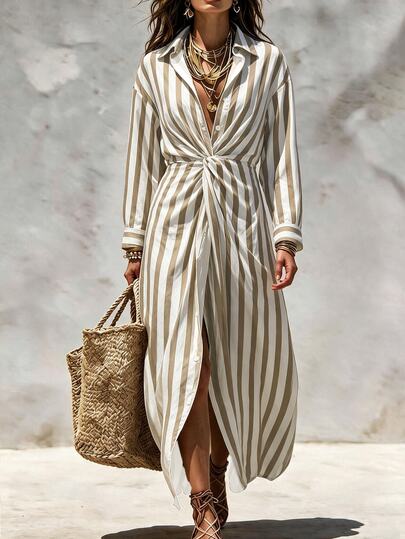SHEIN Vintage Commuter Minimalist Vacation Vertical Striped Lapel Twist Waist Mid-Length Dress For Women