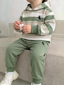 2件組小男孩連帽衫套裝 簡約白色馬匹印花 長袖連帽上衣 適合幼兒 秋季返校 百搭寬鬆 生日伴郎造型 - 彩色 - 查看 1