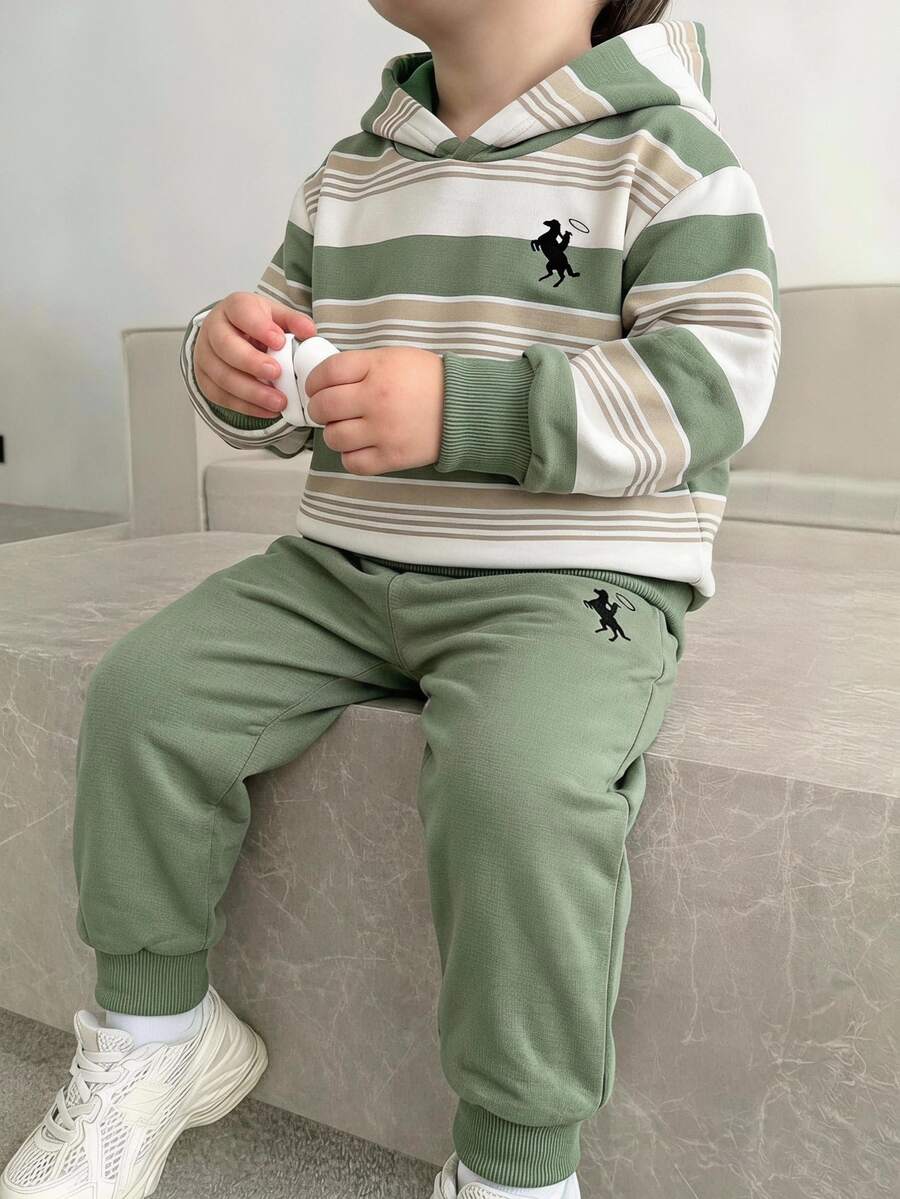 2件組小男孩連帽衫套裝 簡約白色馬匹印花 長袖連帽上衣 適合幼兒 秋季返校 百搭寬鬆 生日伴郎造型 - 彩色 - 查看 1