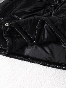 SHEIN Tween Girls' Thick Waist Zipper Mid-Length Black Hooded Jacket, Fleece, Solid Color, With Faux Fur Collar, Fashion Street Style Baggy School Winter - Black - View 4