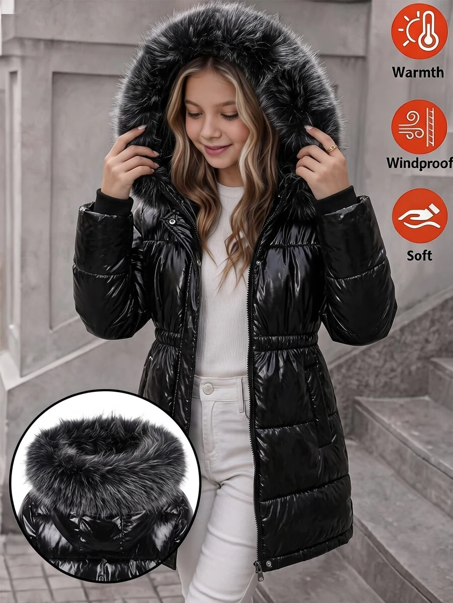 SHEIN Tween Girls' Thick Waist Zipper Mid-Length Black Hooded Jacket, Fleece, Solid Color, With Faux Fur Collar, Fashion Street Style Baggy School Winter - Black - View 1