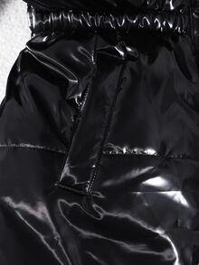 SHEIN Tween Girls' Thick Waist Zipper Mid-Length Black Hooded Jacket, Fleece, Solid Color, With Faux Fur Collar, Fashion Street Style Baggy School Winter - Black - View 6