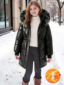 SHEIN Tween Girls' Thick Waist Zipper Mid-Length Black Hooded Jacket, Fleece, Solid Color, With Faux Fur Collar, Fashion Street Style Baggy School Winter - Black - View 2