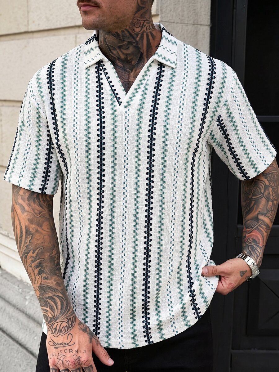 Manfinity CasualCool Men's Striped Short Sleeve Mature Casual Fashion Polo Shirt - Green - View 1