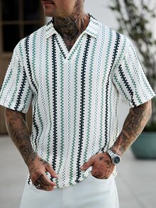 Manfinity CasualCool Men's Striped Short Sleeve Mature Casual Fashion Polo Shirt - Green - View 3