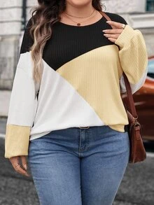SHEIN LUNE Plus Size Casual Traditional Contrast Color Round Neck Lantern Sleeve Sweatshirt, Autumn Plus Size Fall Clothes Formal Weekend White - Multicolor - View 1