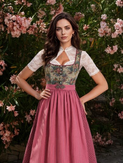 Fairmaia German Women's Vintage Traditional Elegant Button Jacquard Metal Decor Dirndl Dress Oktoberfest Christening Guest Wedding
