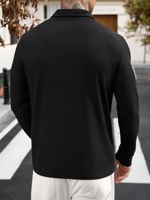 Manfinity Homme 男士休閒牛仔拉鍊半門襟長袖T恤 - 黑色 - 查看 2