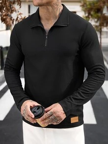 Manfinity Homme 男士休閒牛仔拉鍊半門襟長袖T恤 - 黑色 - 查看 4