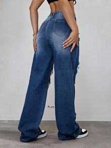 SHEIN ICON Plus Size Women's Summer Avant-Garde Street Style Distressed Straight Leg Jeans - Dark Wash - View 2
