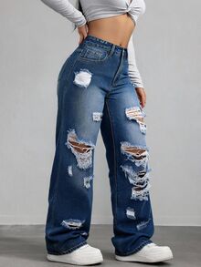 SHEIN ICON Plus Size Women's Summer Avant-Garde Street Style Distressed Straight Leg Jeans - Dark Wash - View 3